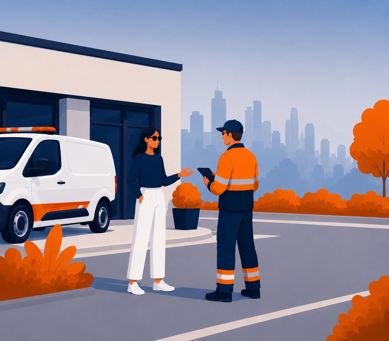 A driver and a Recovru operator talking beside a van, the operator taking details on a tablet.