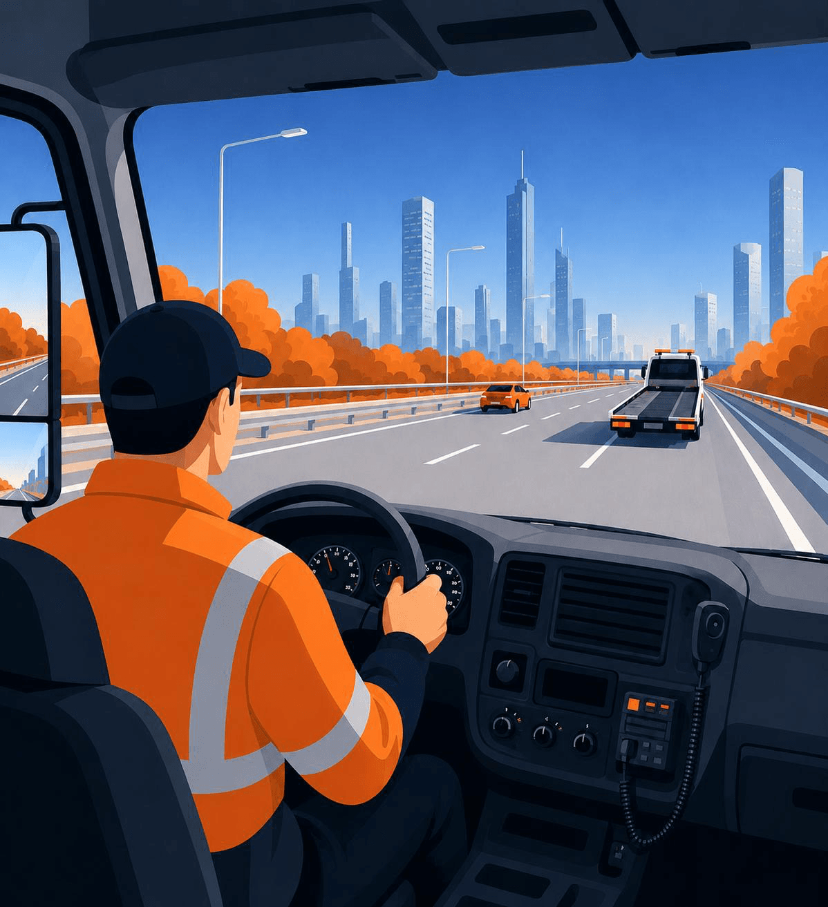 The view from a recovery operator's cab on the motorway, with a flatbed truck ahead and the city beyond.
